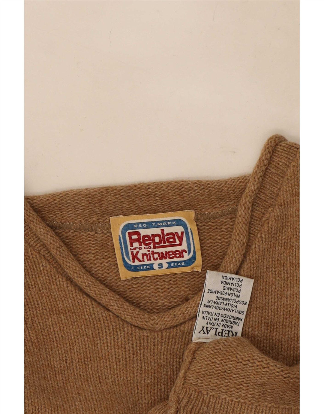 Replay Mens V-Neck Jumper Sweater Small Beige Wool