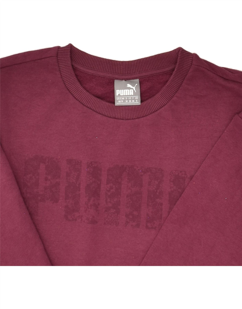 PUMA Womens Oversized Graphic Sweatshirt Jumper UK 8 Small Burgundy Cotton | Vintage Puma | Thrift | Second-Hand Puma | Used Clothing | Messina Hembry 