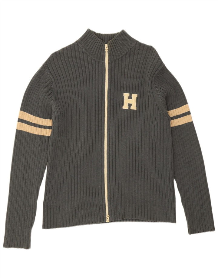 Tommy Hilfiger Mens Cardigan Sweater Large Grey Colourblock Cotton