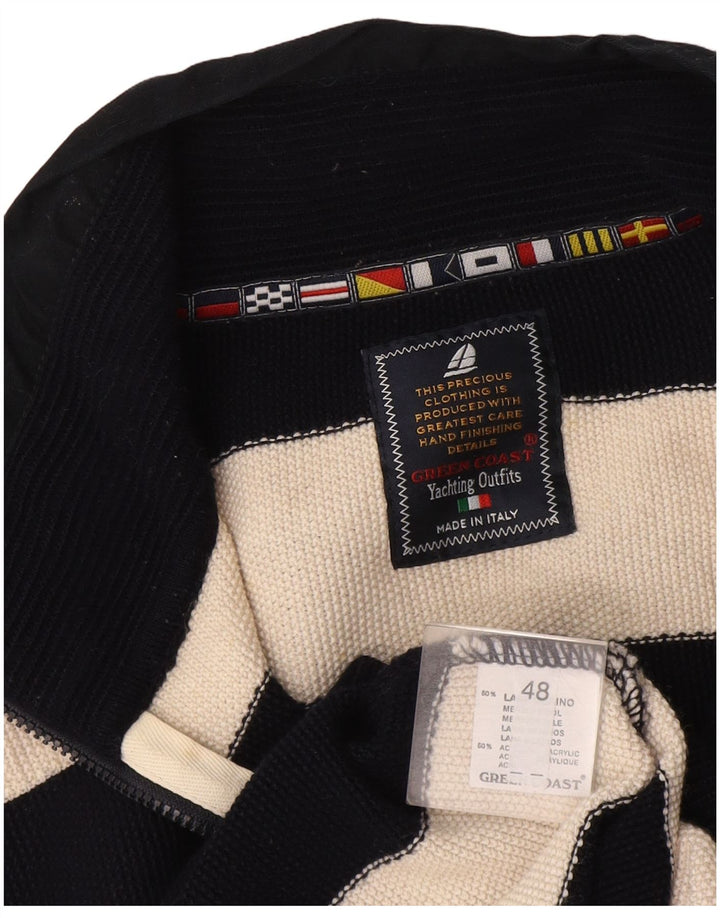 Green Coast Mens Zip Neck Jumper Sweater IT 48 Medium Black Striped Wool