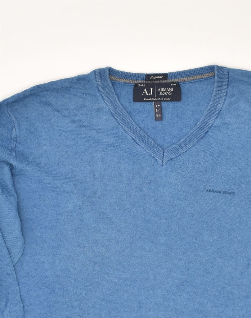 ARMANI Mens V-Neck Jumper Sweater Large Blue Cotton | Vintage Armani | Thrift | Second-Hand Armani | Used Clothing | Messina Hembry 