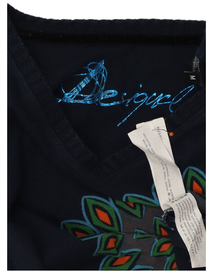 Desigual Womens Graphic Top Long Sleeve UK 12 Medium Navy Blue Cotton