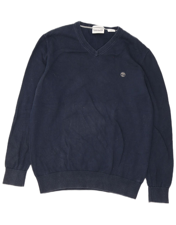 Timberland Mens V-Neck Jumper Sweater Medium Navy Blue Cotton