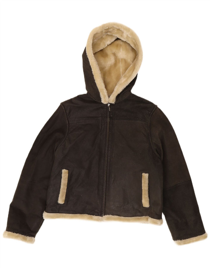 Conbipel Womens Hooded Shearling Jacket UK 14 Medium Grey Leather