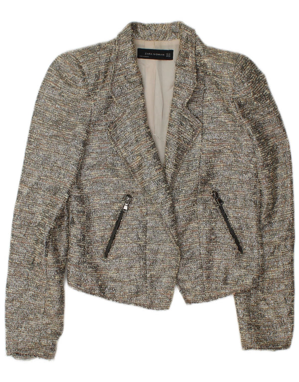Zara Womens Open Bolero Jacket UK 6 XS Grey Flecked Cotton
