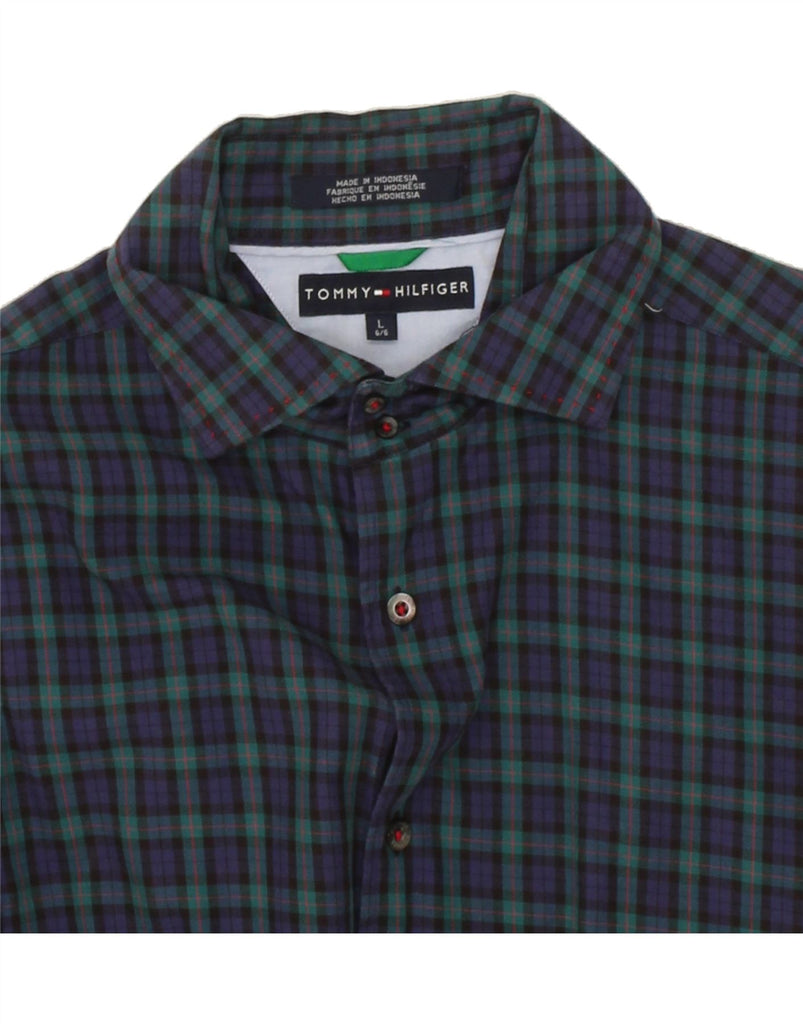 TOMMY HILFIGER Mens Shirt Large Navy Blue Check Cotton Vintage Tommy Hilfiger and Second-Hand Tommy Hilfiger from Messina Hembry 