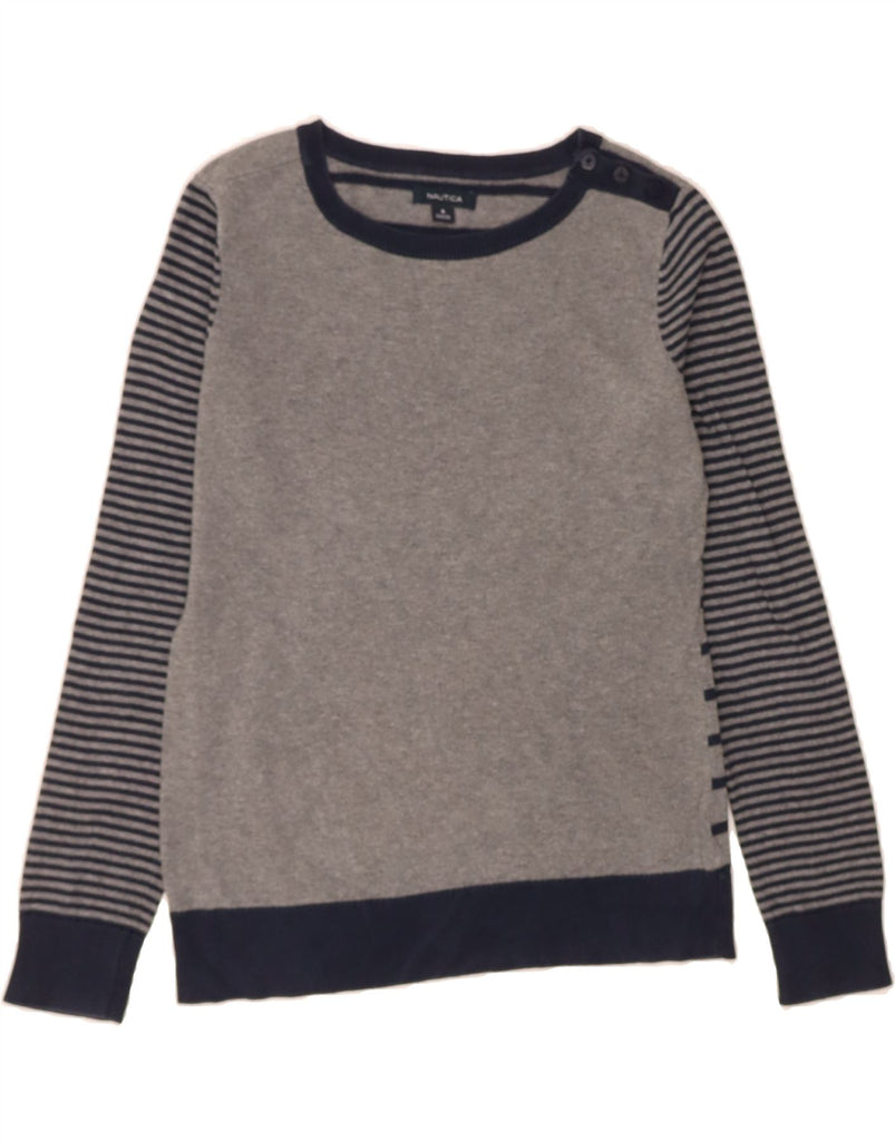 NAUTICA Womens Boat Neck Jumper Sweater UK 10 Small Grey Striped Cotton Vintage Nautica and Second-Hand Nautica from Messina Hembry 