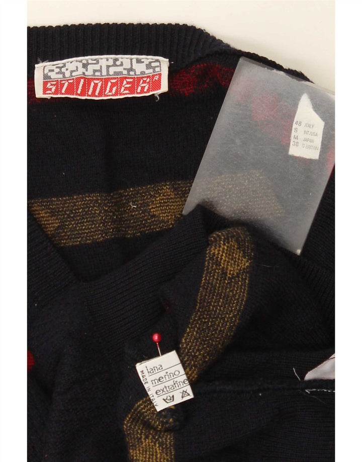 Vintage Mens V-Neck Jumper Sweater EU 38 Small Navy Blue Geometric