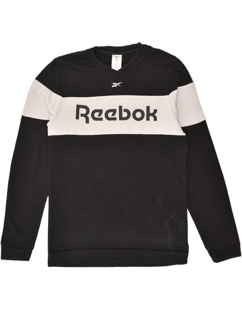 REEBOK Mens Graphic Sweatshirt Jumper Medium Black Colourblock Cotton | Vintage Reebok | Thrift | Second-Hand Reebok | Used Clothing | Messina Hembry 