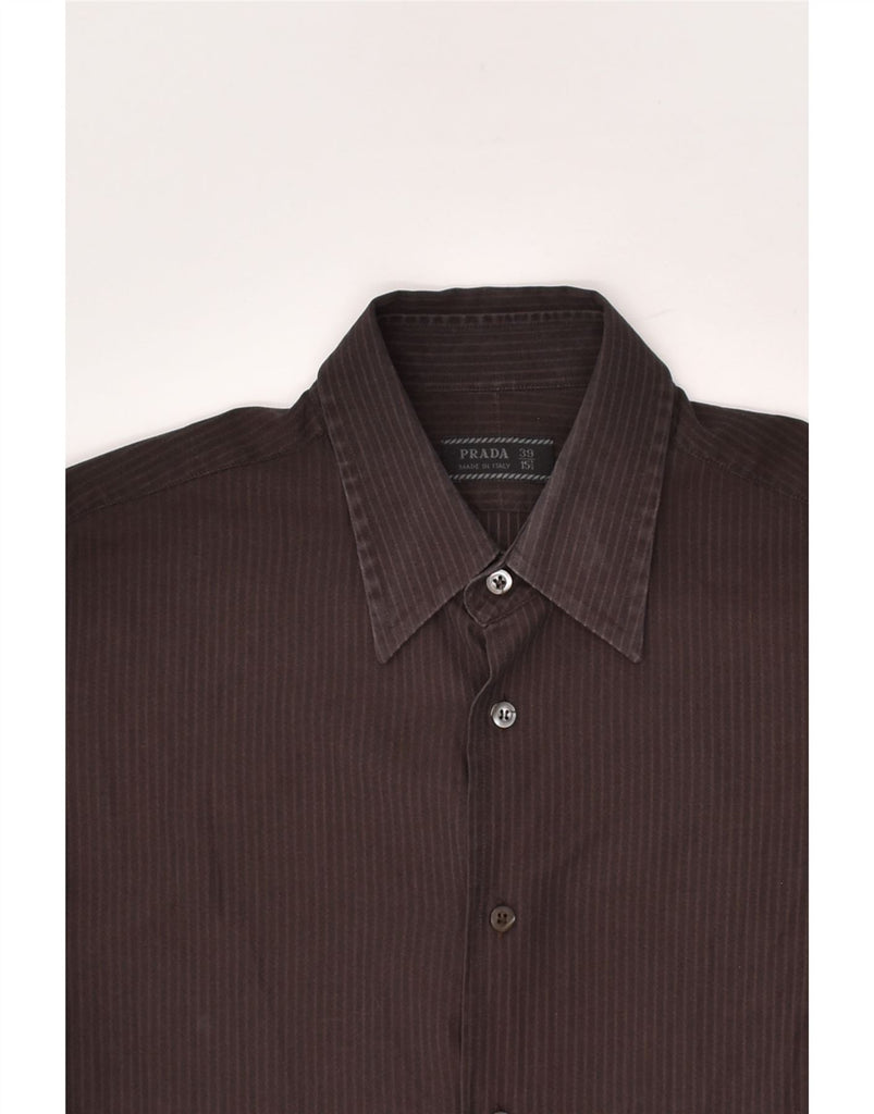 PRADA Mens Shirt Size 15 1/2 39 Medium Brown Pinstripe Cotton | Vintage Prada | Thrift | Second-Hand Prada | Used Clothing | Messina Hembry 