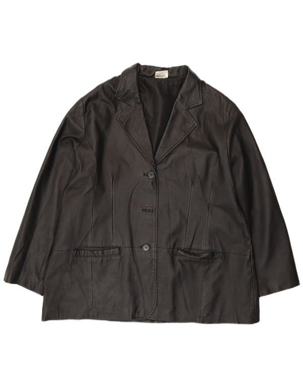 Agenda Womens 3 Button Leather Blazer Jacket UK 24 4XL Black Leather
