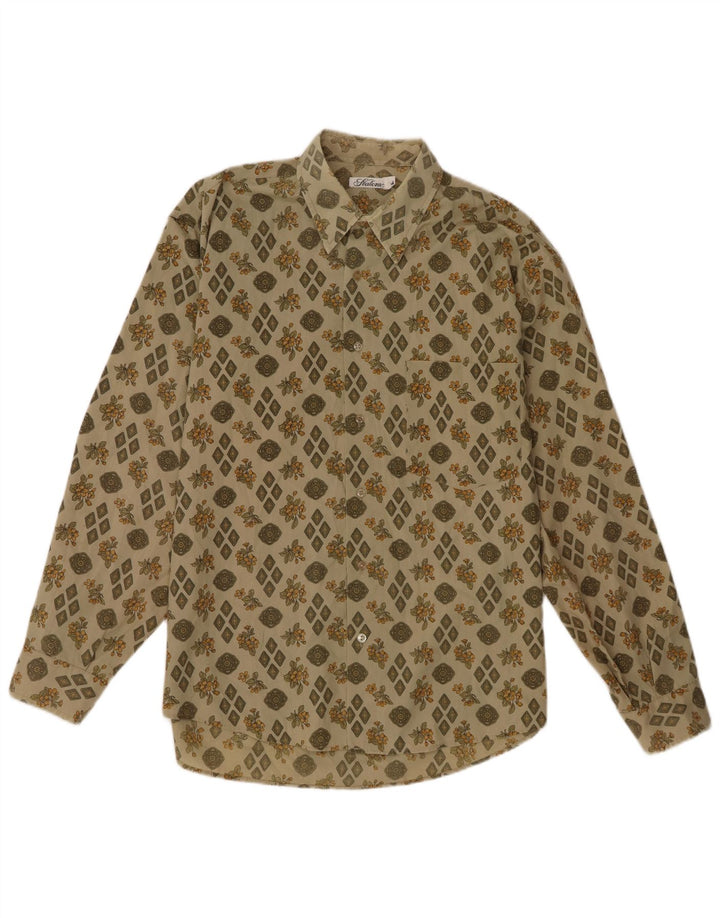 Vintage Mens Shirt Large Khaki Floral Polyester