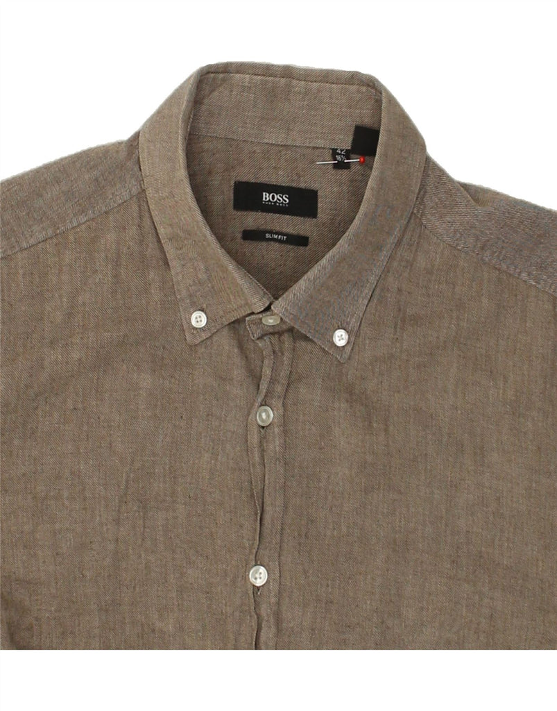 HUGO BOSS Mens Slim Fit Shirt Size 16 1/2 42 Large Brown Cotton | Vintage Hugo Boss | Thrift | Second-Hand Hugo Boss | Used Clothing | Messina Hembry 