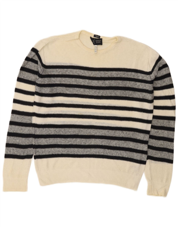 Armani Jeans Mens Regular Fit Crew Neck Jumper Sweater Medium White Striped