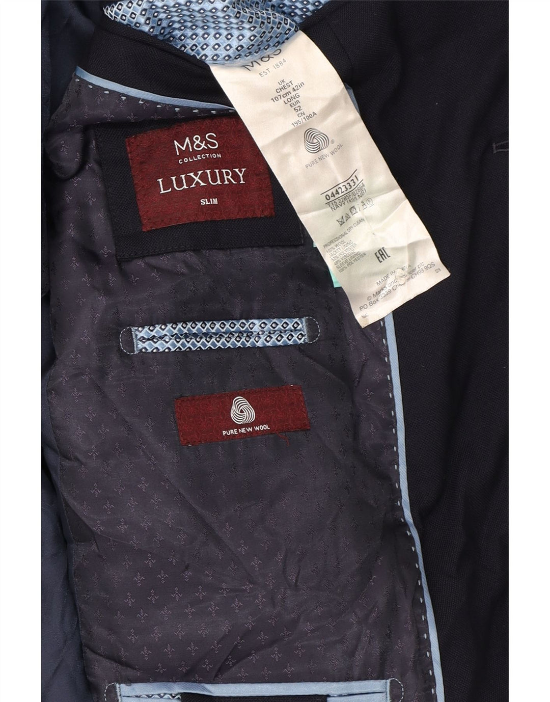 Marks & Spencer Mens 2 Button Blazer Jacket UK 42 Large Navy Blue Wool