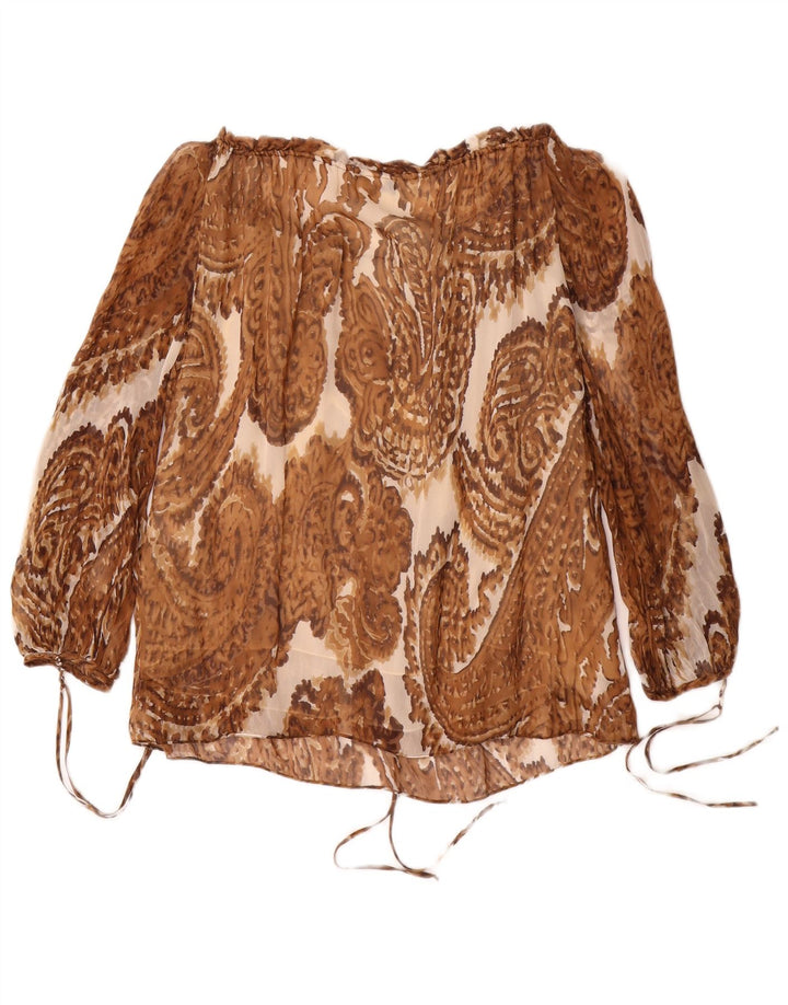 Milly Womens 3/4 Sleeve Off Shoulder Top US 8 Medium Brown Paisley Silk