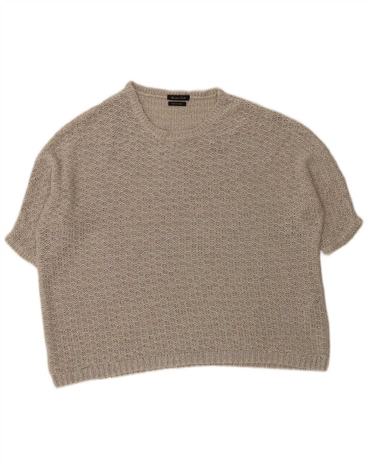 Massimo Dutti Womens Short Sleeve Crew Neck Jumper Sweater UK 14 Medium Bei
