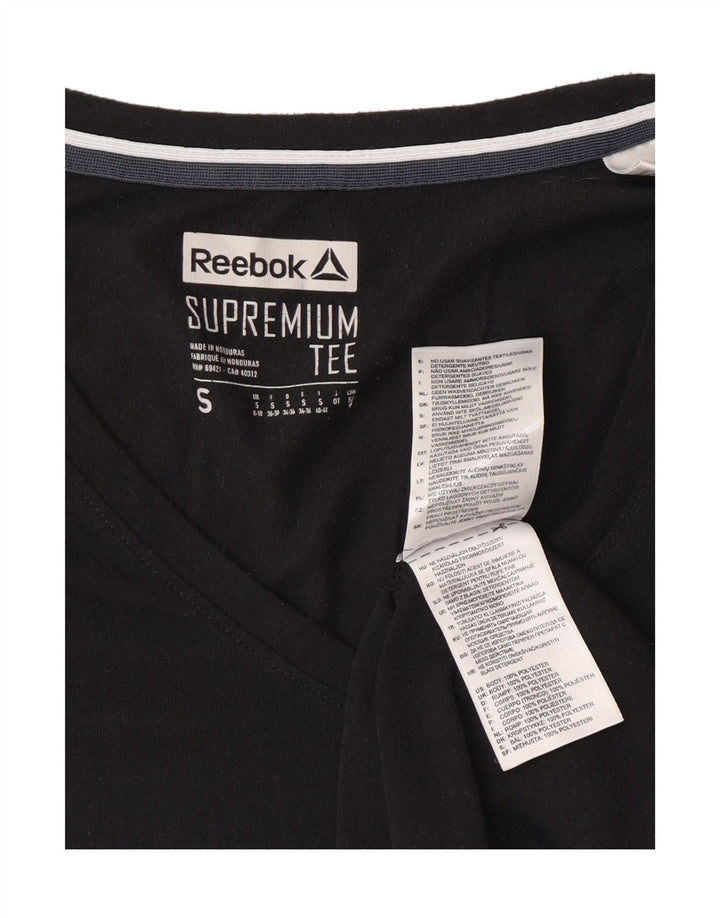 REEBOK Womens T-Shirt Top UK 8/10 Small Black Polyester Vintage Reebok and Second-Hand Reebok from Messina Hembry 