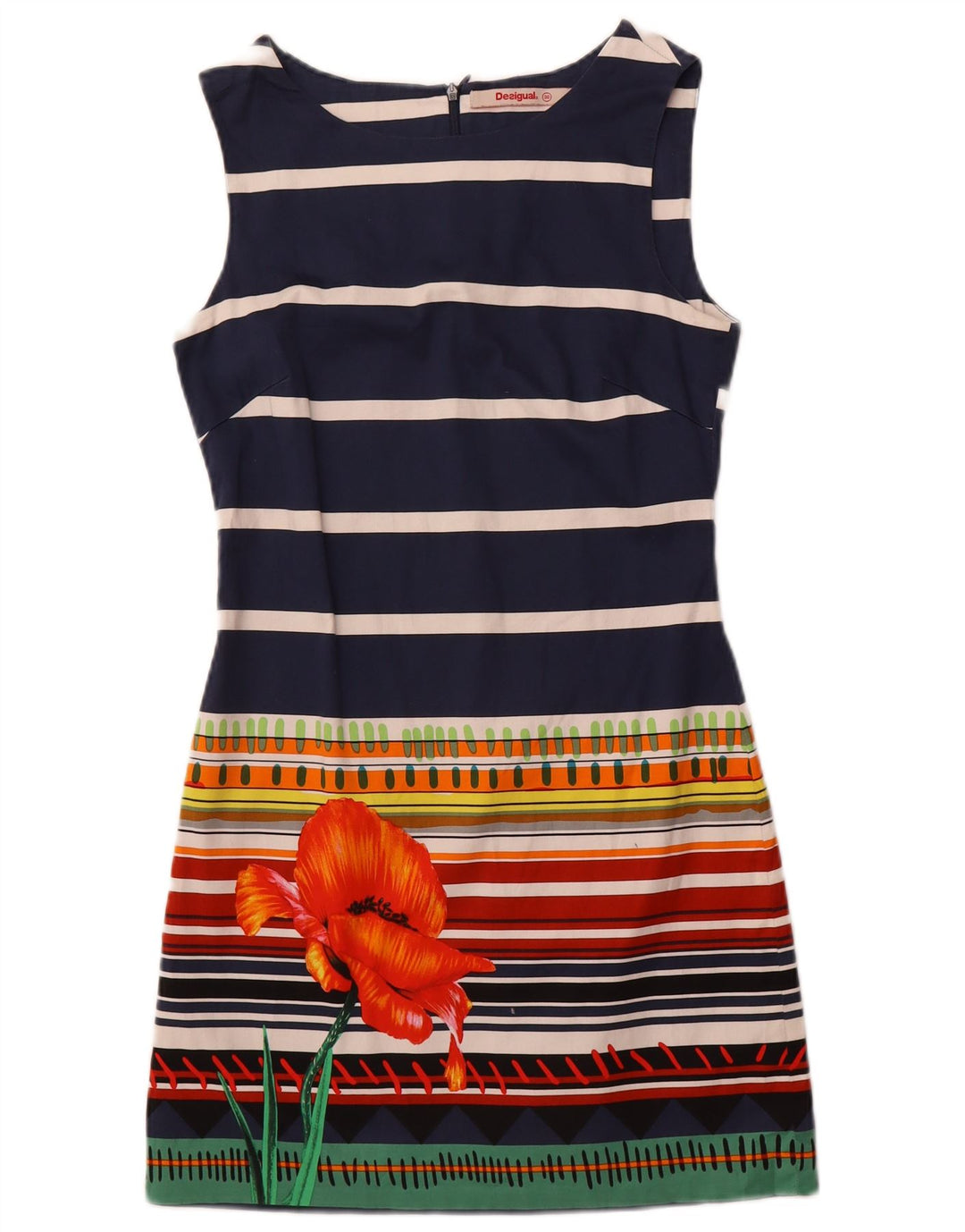 Desigual Womens Sleeveless Sheath Dress EU 36 Small Navy Blue Striped