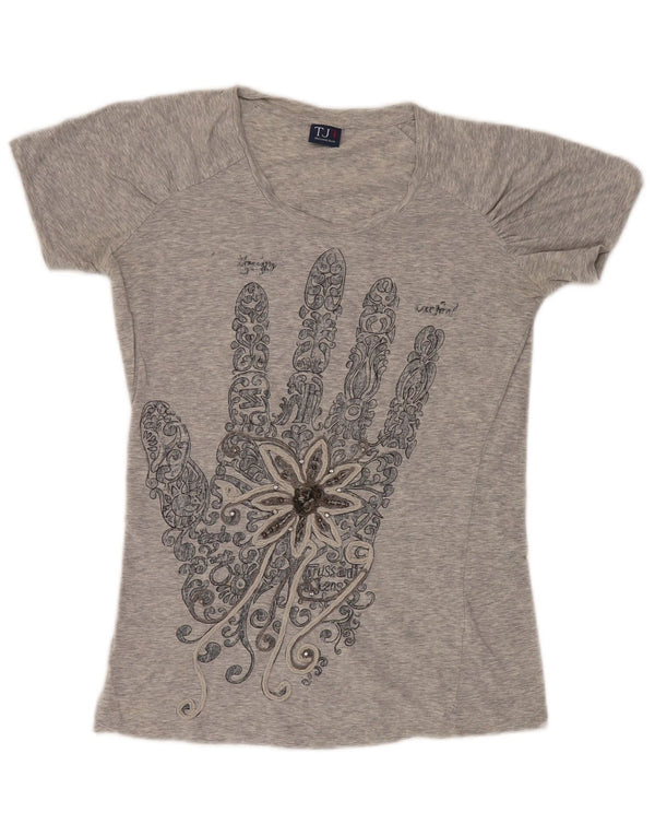 Trussardi Jeans Womens Graphic T-Shirt Top UK 12 Medium Grey