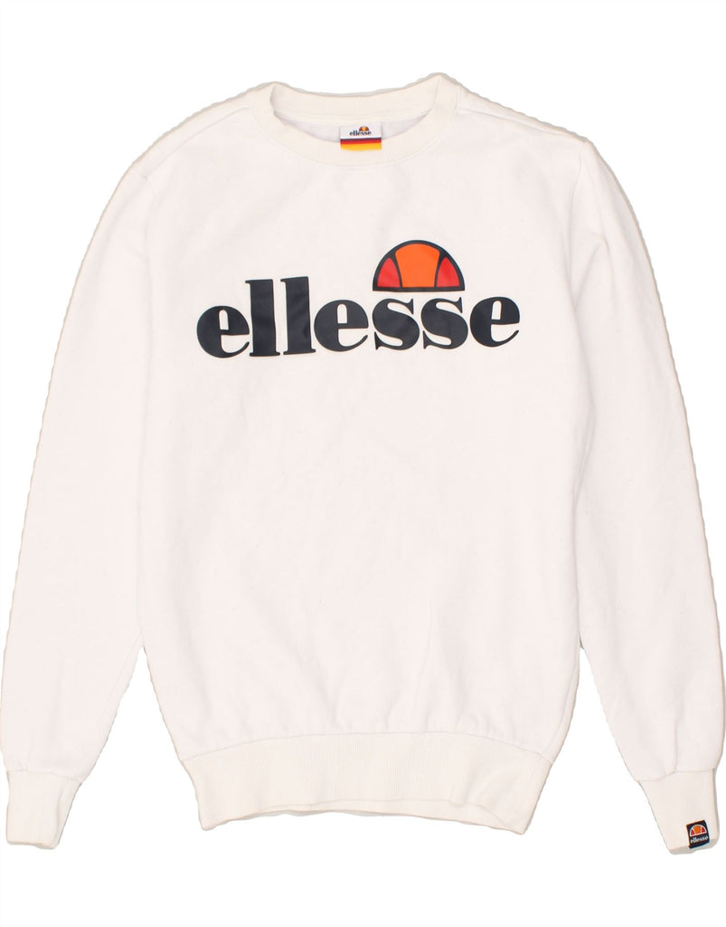 ELLESSE Womens Oversized Graphic Sweatshirt Jumper UK 6 XS  White Cotton | Vintage Ellesse | Thrift | Second-Hand Ellesse | Used Clothing | Messina Hembry 