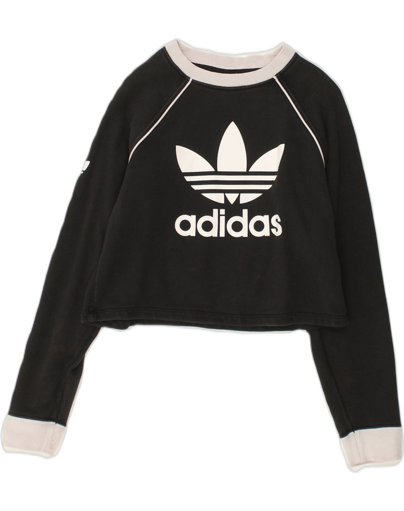 ADIDAS Womens Crop Graphic Sweatshirt Jumper UK 6 XS Black Cotton | Vintage Adidas | Thrift | Second-Hand Adidas | Used Clothing | Messina Hembry 