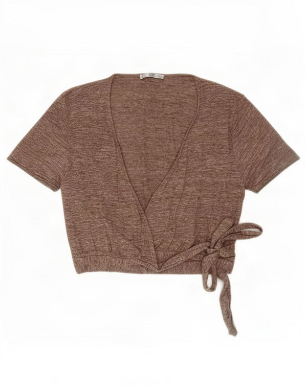 Zara Womens Wrap Short Sleeve Cardigan Top UK 14 Large Beige Flecked
