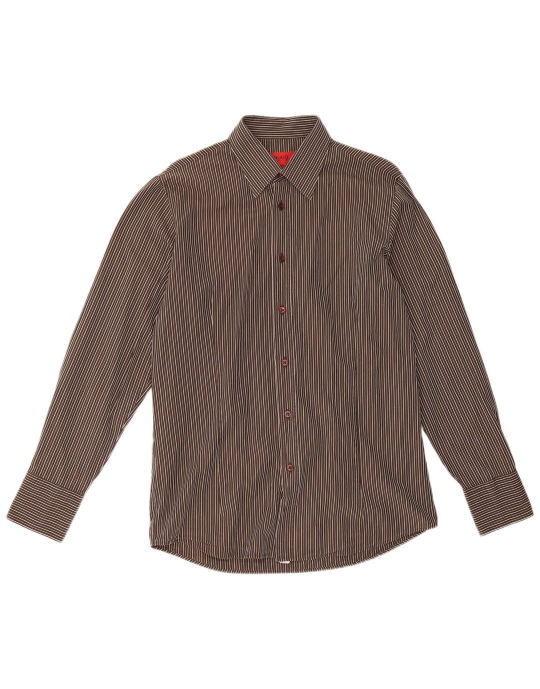 Hugo Boss Mens Shirt Medium Brown Pinstripe Cotton