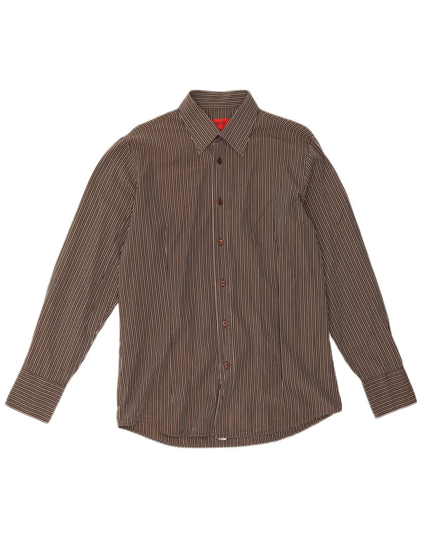 Hugo Boss Mens Shirt Medium Brown Pinstripe Cotton