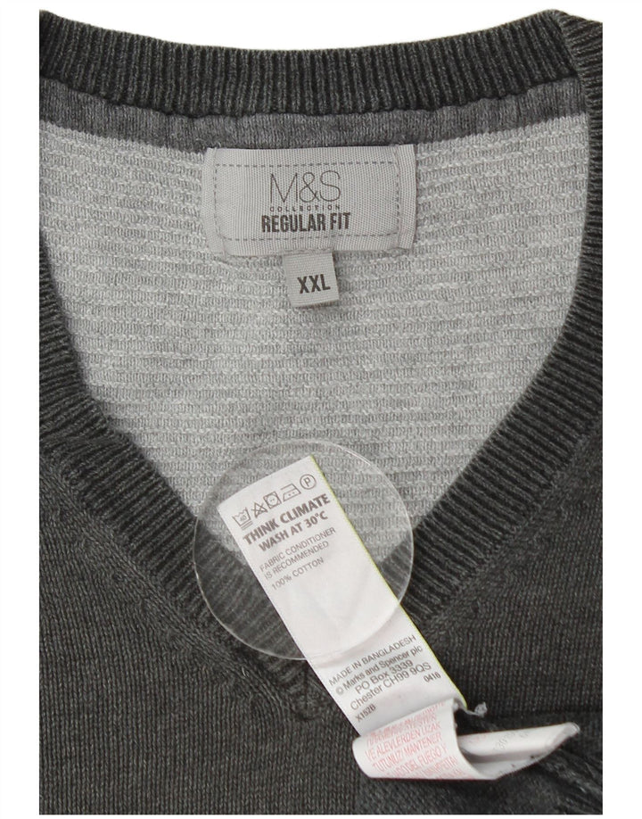 Marks & Spencer Mens Regular Fit V-Neck Jumper Sweater 2XL Grey Cotton