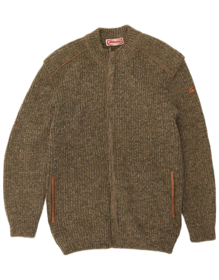 Vintage Mens Full Zip Cardigan Sweater Medium Khaki Flecked Wool