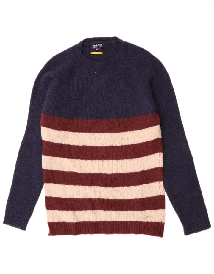 Woolrich Mens Crew Neck Jumper Sweater Medium Navy Blue Striped Wool