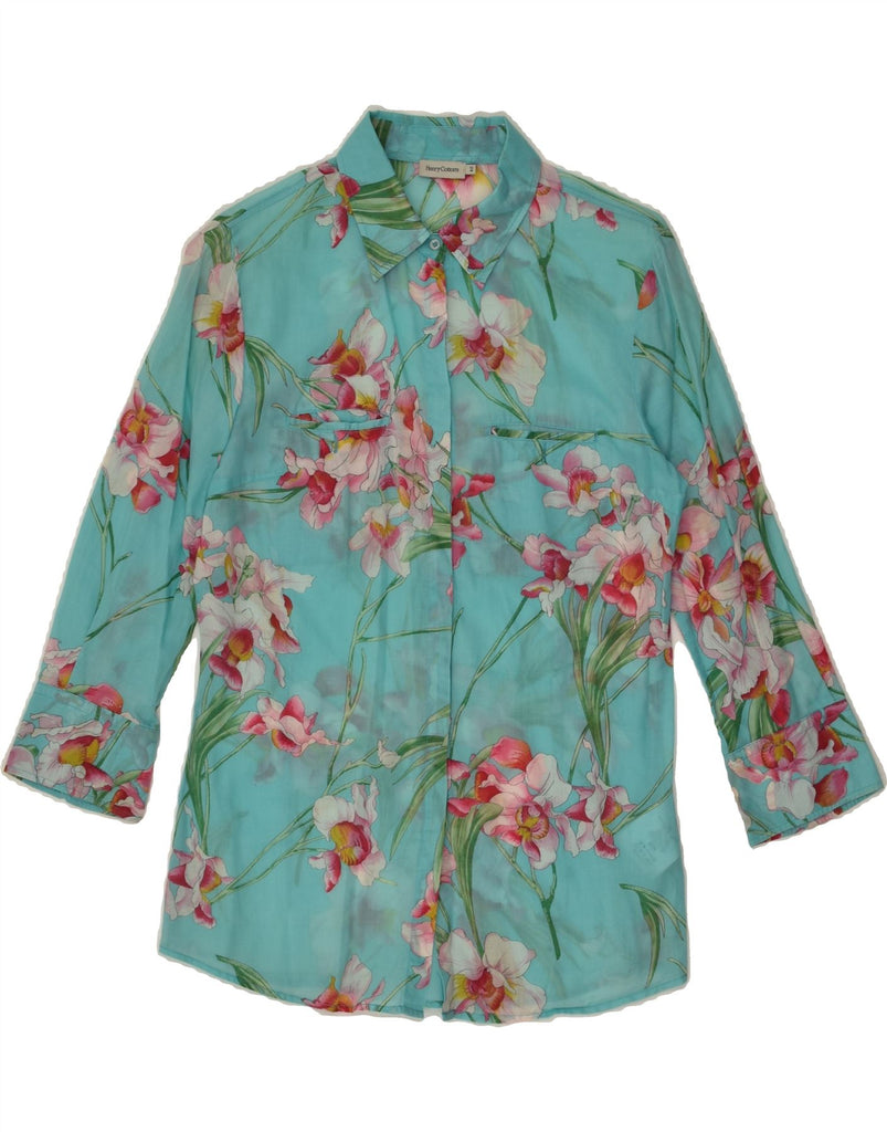 HENRY COTTONS Womens 3/4 Sleeve Shirt IT 40 Small Turquoise Floral | Vintage Henry Cottons | Thrift | Second-Hand Henry Cottons | Used Clothing | Messina Hembry 