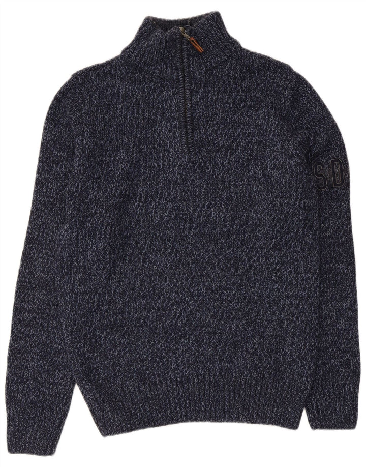 Superdry Womens Zip Neck Jumper Sweater UK 14 Medium Navy Blue Flecked