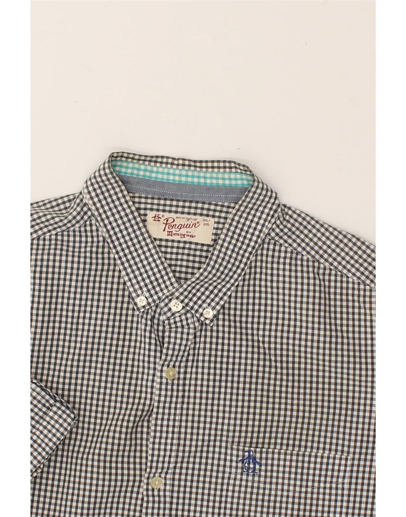PENGUIN Mens Short Sleeve Shirt 2XL Grey Gingham Cotton | Vintage Penguin | Thrift | Second-Hand Penguin | Used Clothing | Messina Hembry 