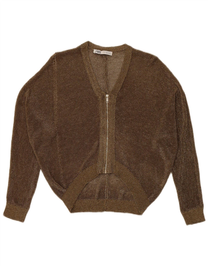 Zara Womens See Through Cardigan Sweater UK 14 Medium Gold Flecked