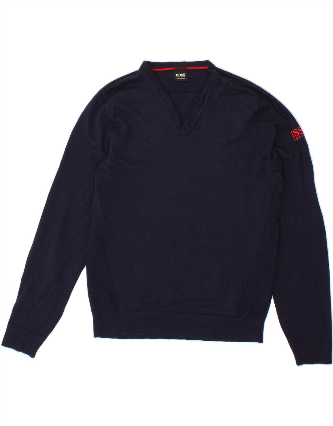 HUGO BOSS Mens V-Neck Jumper Sweater Small Navy Blue Virgin Wool Vintage Hugo Boss and Second-Hand Hugo Boss from Messina Hembry 
