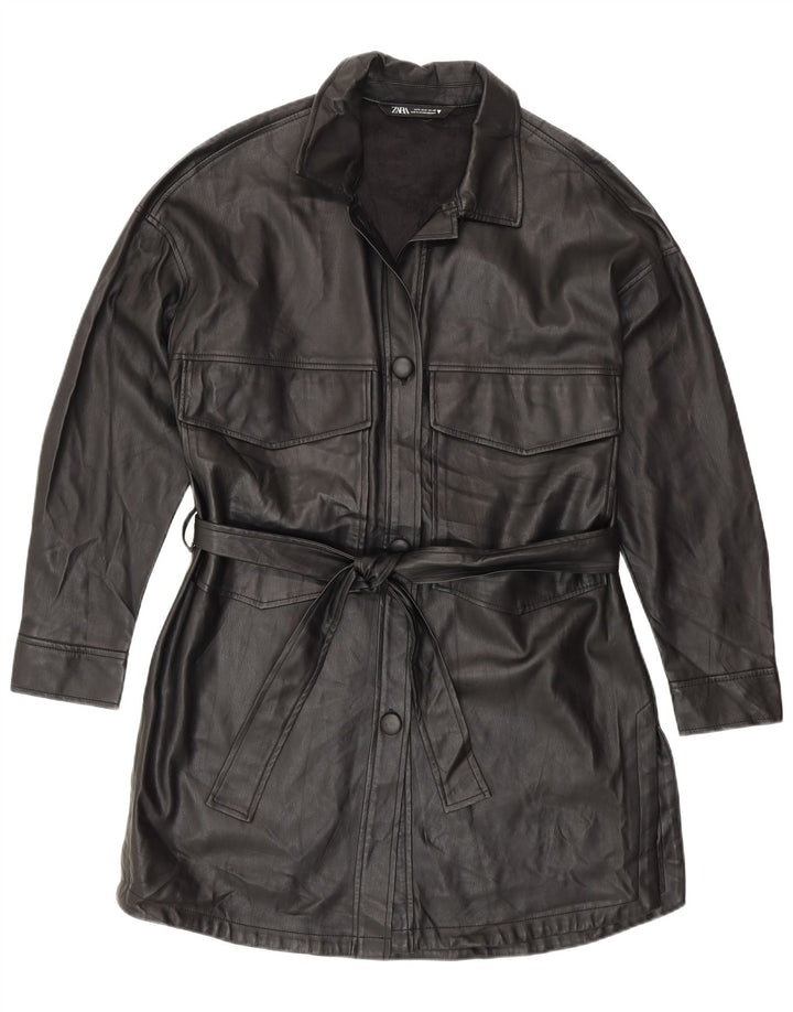 Zara Womens Faux Leather Coat UK 10 Small Black Polyurethane Modern