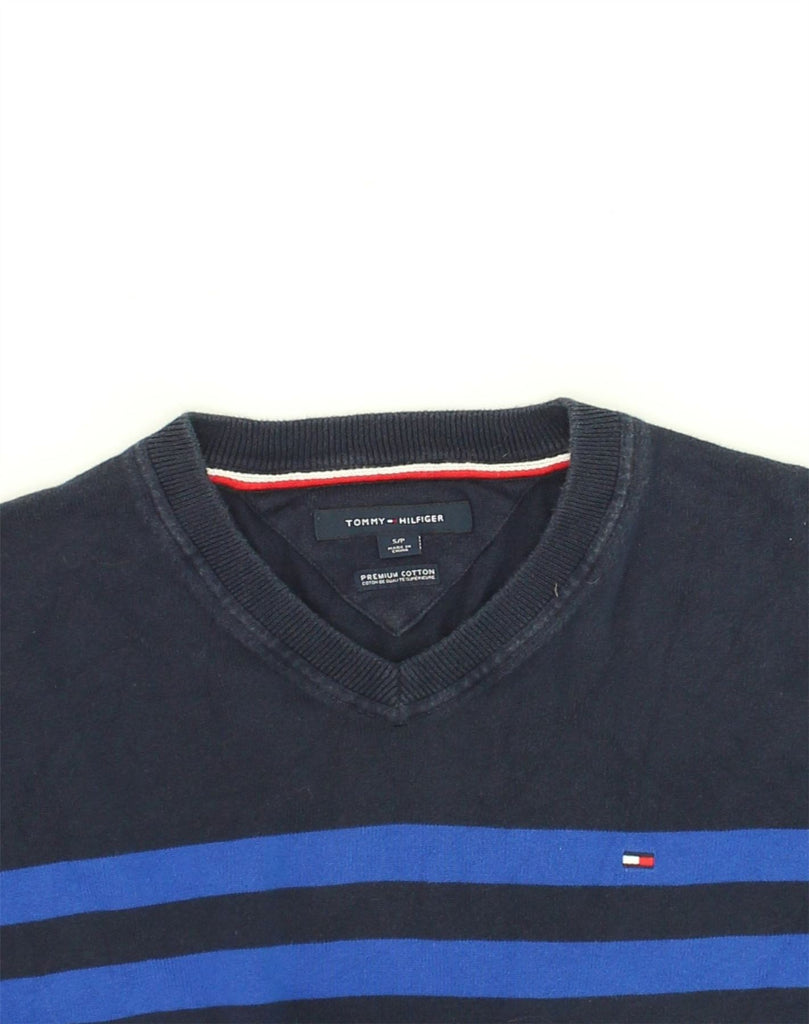 TOMMY HILFIGER Mens V-Neck Jumper Sweater Small Blue Striped Cotton | Vintage Tommy Hilfiger | Thrift | Second-Hand Tommy Hilfiger | Used Clothing | Messina Hembry 