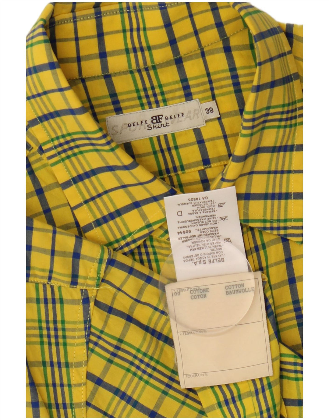 BELFE & BELFE Mens Short Sleeve Shirt Size 39 Medium Yellow Check Cotton
