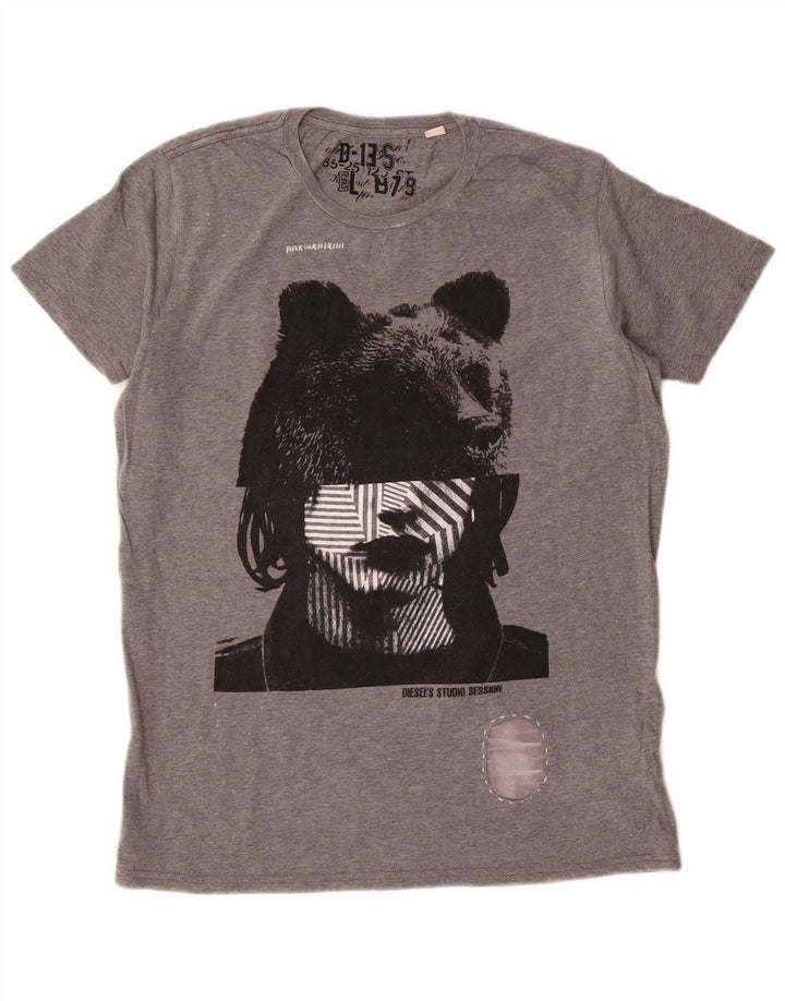 Diesel Mens Graphic T-Shirt Top Medium Grey Cotton