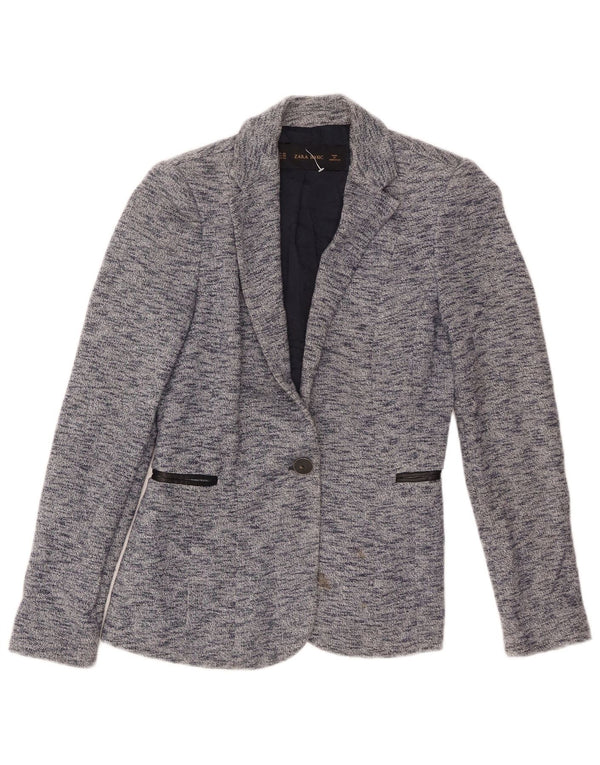 Zara Womens 1 Button Blazer Jacket UK 6 XS Blue Flecked Cotton
