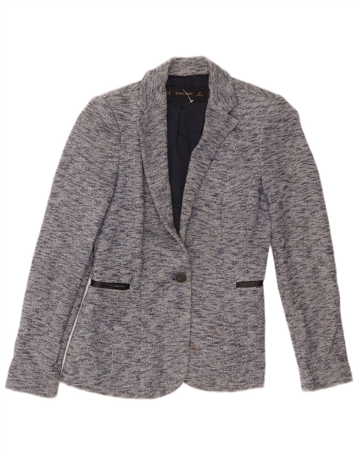 Zara Womens 1 Button Blazer Jacket UK 6 XS Blue Flecked Cotton
