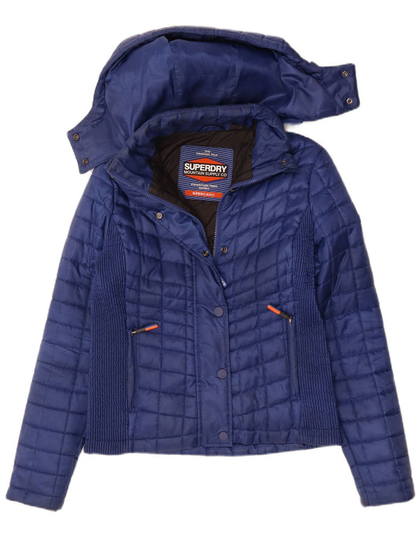 SUPERDRY Womens Hooded Padded Jacket UK 12 Medium Navy Blue Polyester