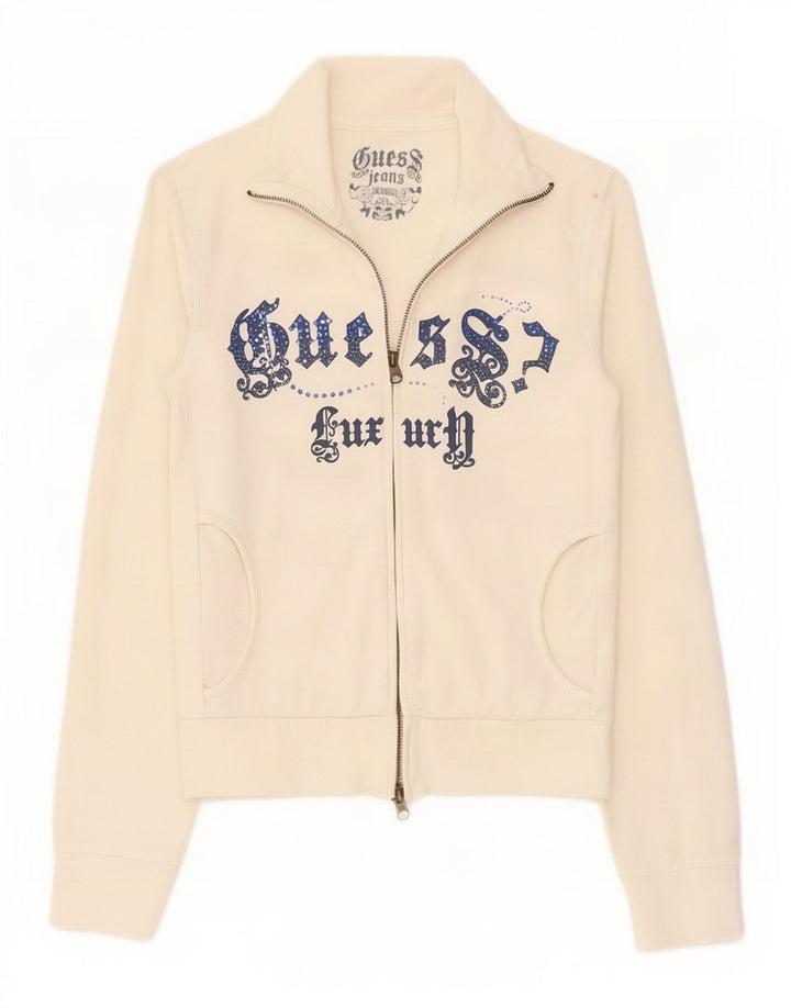 Guess Womens Graphic Tracksuit Top Jacket UK 10 Small White Cotton