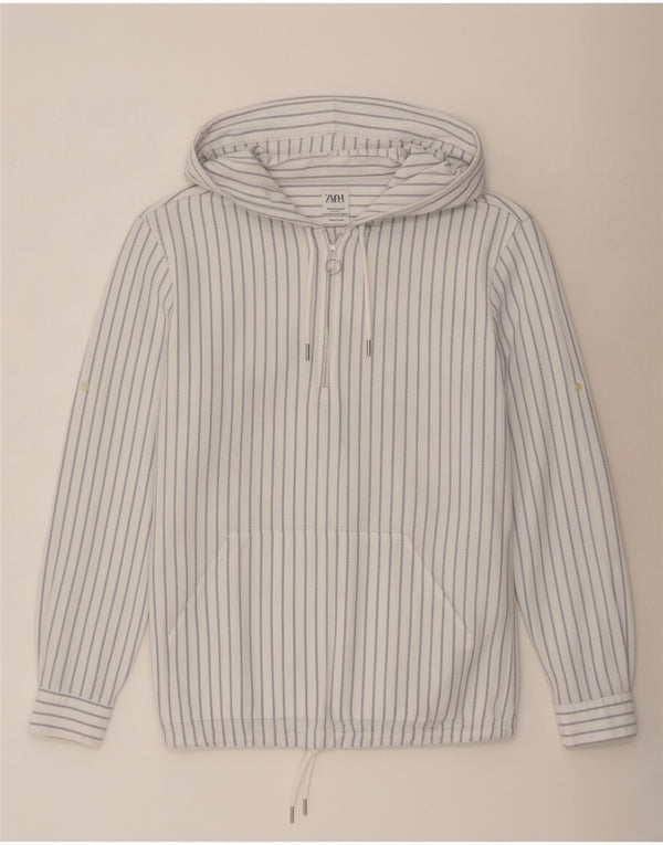 Zara Mens Hooded Relaxed Fit Pullover Shirt Medium Blue Pinstripe Cotton