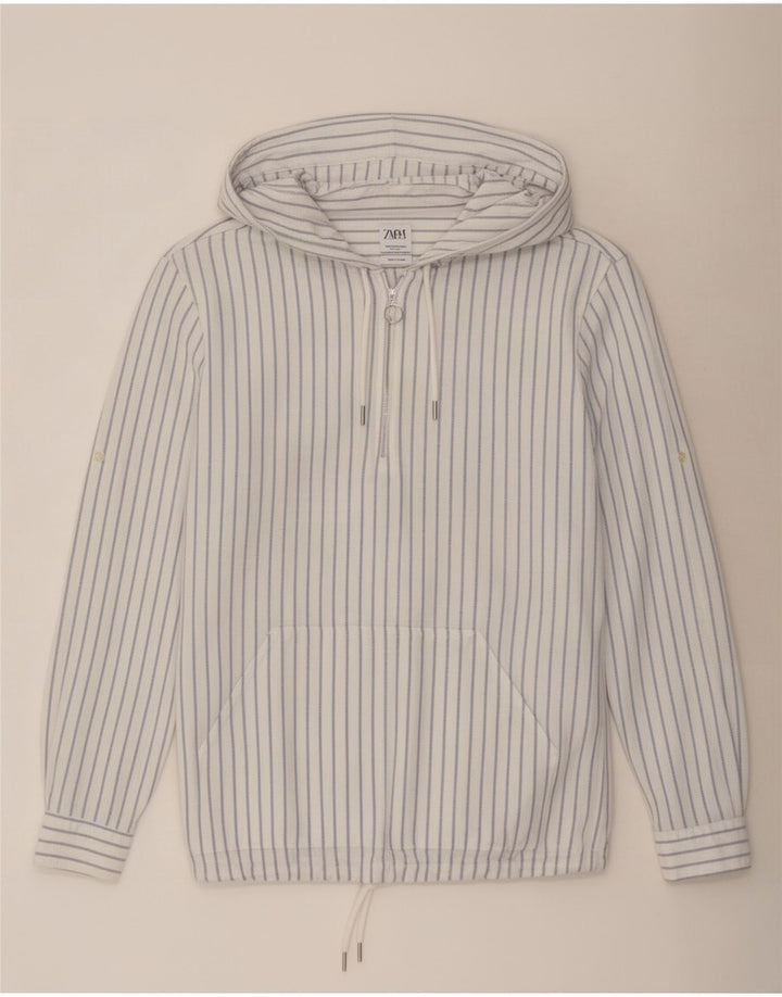 Zara Mens Hooded Relaxed Fit Pullover Shirt Medium Blue Pinstripe Cotton