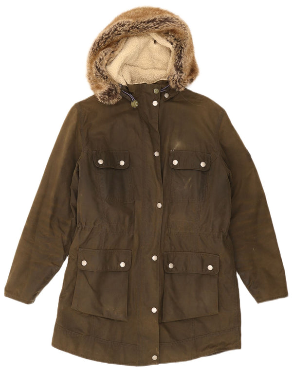 Barbour Womens Hooded Waxed Cotton Parka Jacket UK 14 Large Khaki