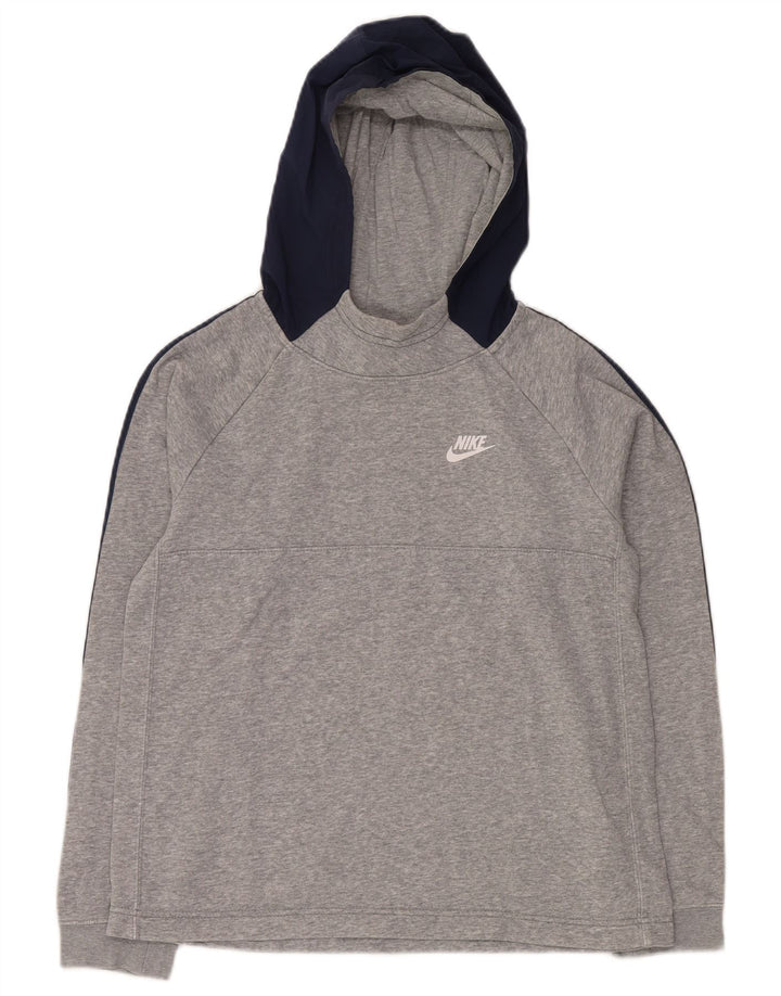 NIKE Boys Graphic Hoodie Jumper 13-14 Years XL Grey Colourblock Cotton