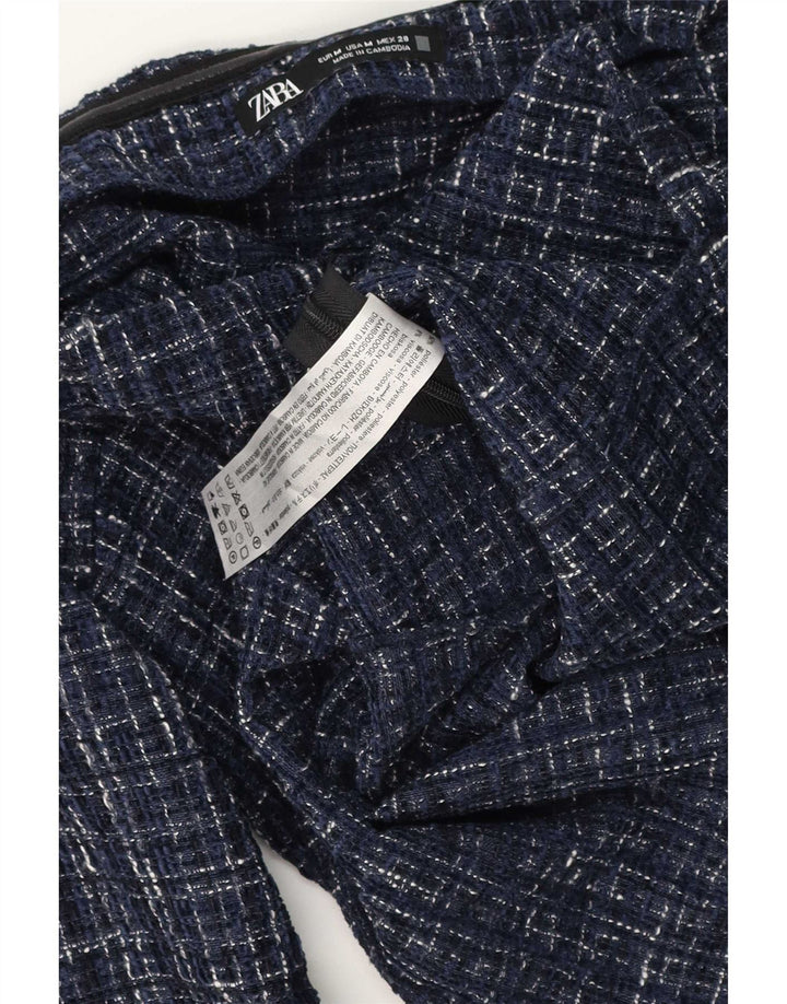 Zara Womens Off Shoulder Top UK 12 Medium Navy Blue Plaid Polyester
